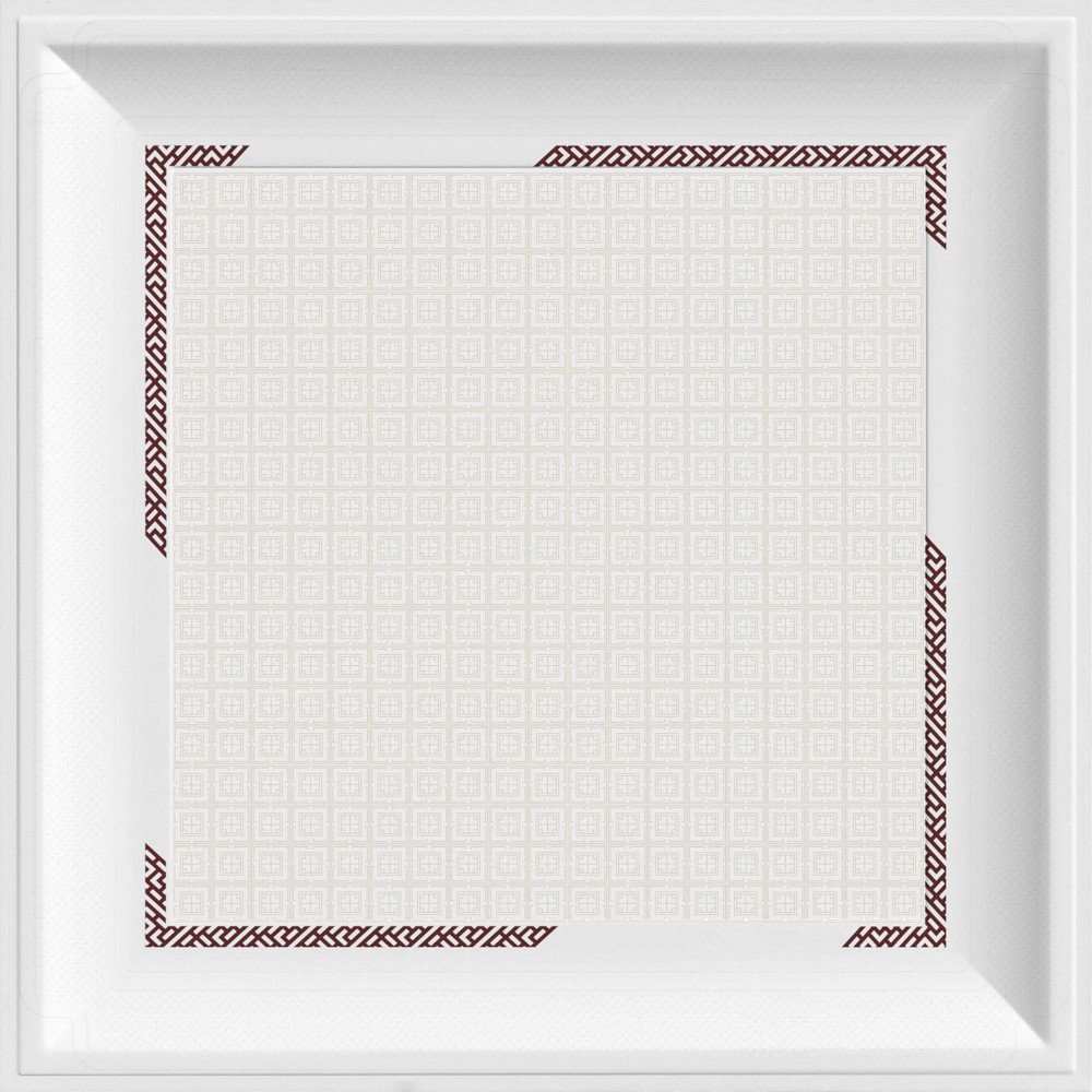 Square ceiling panel with beige grid pattern and brown border on white background