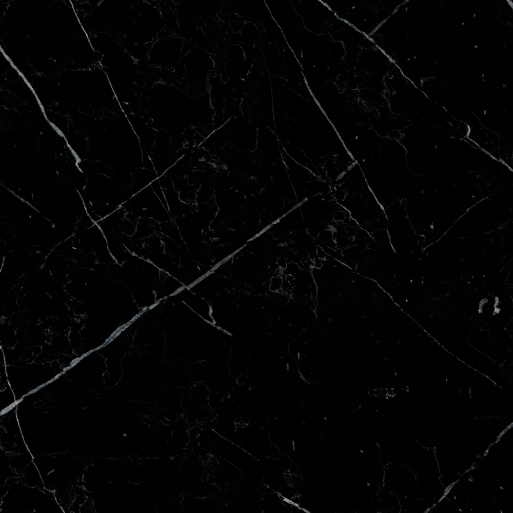 Black marble slab with white veins and glossy finish on black background