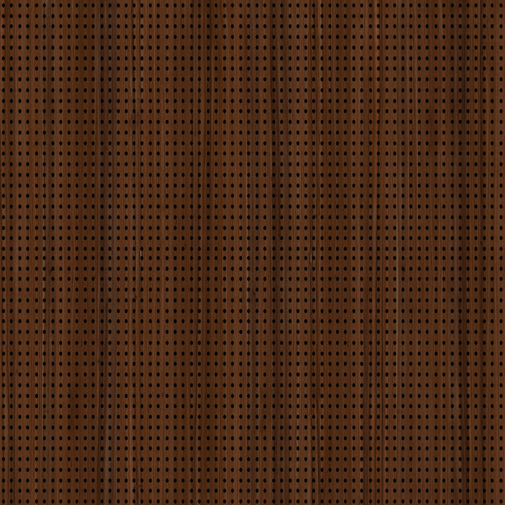 Dark brown wooden wall panel with small black round holes on white background