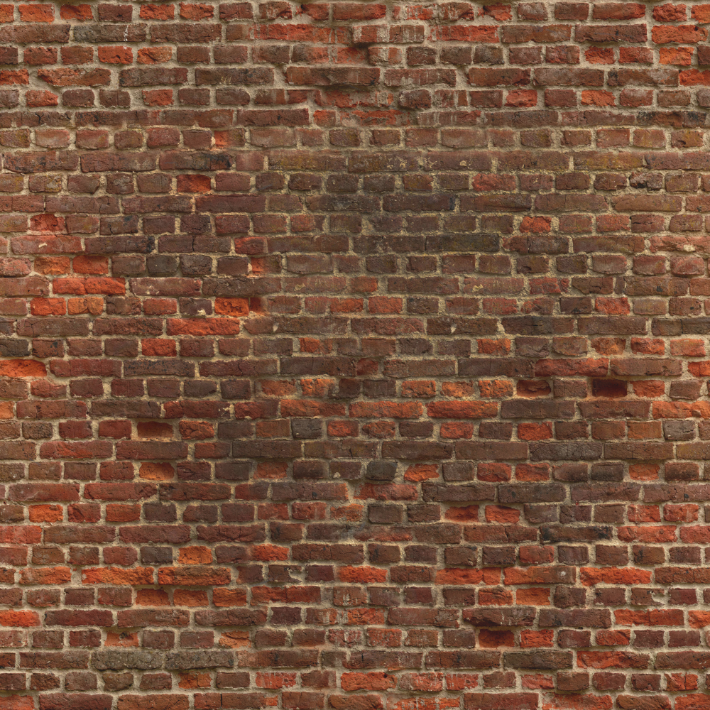 Rustic red brick wall texture with dark stains and rough surface on white background