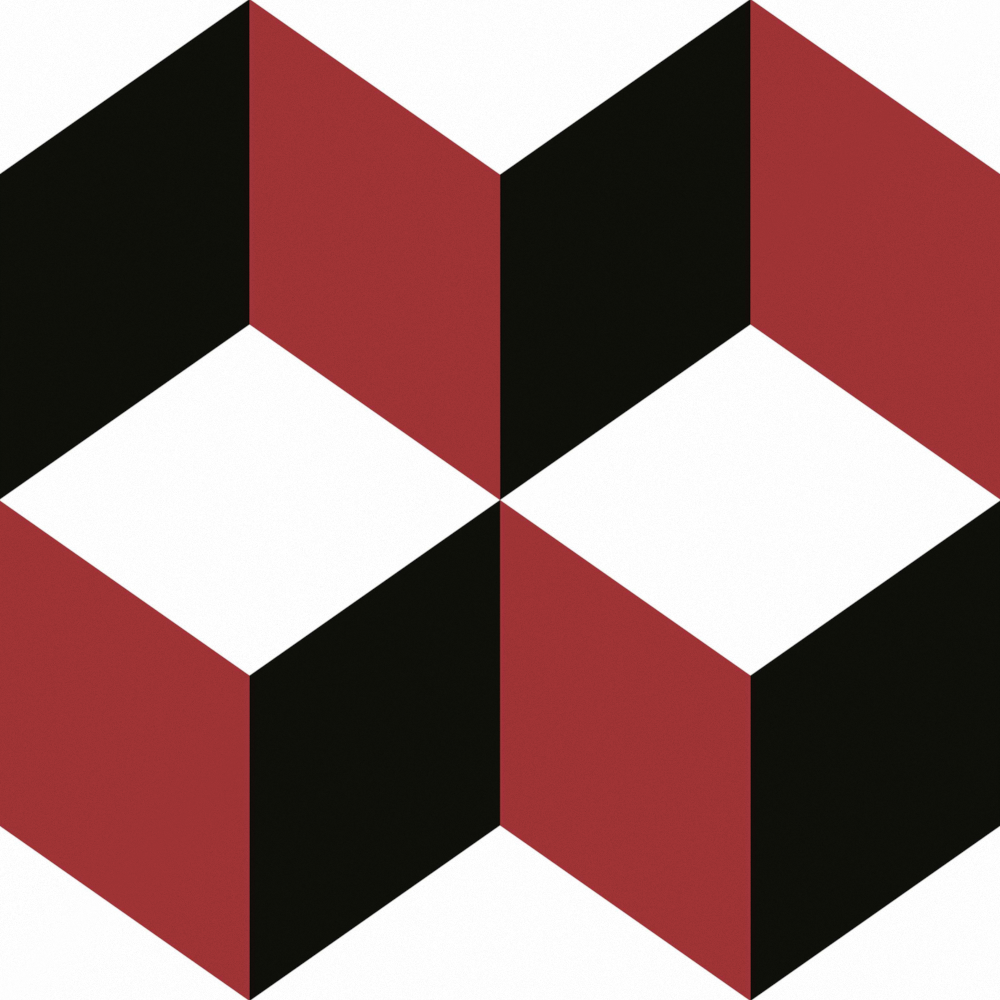 Abstract geometric pattern with red black and white cube shapes on white background