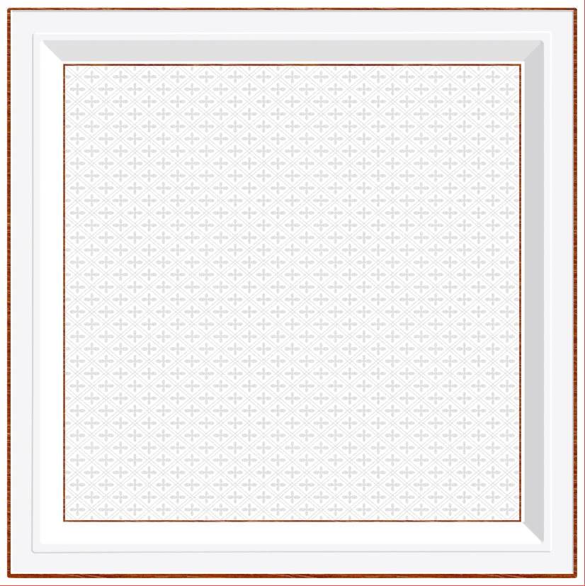 White ceiling tile with grey cross pattern and brown frame on white background