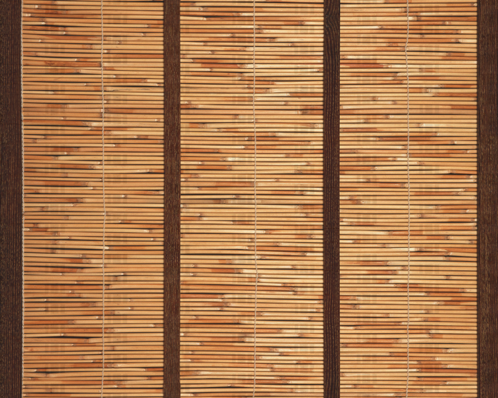 Bamboo curtain with thin horizontal slats and dark brown vertical wooden frame on white background