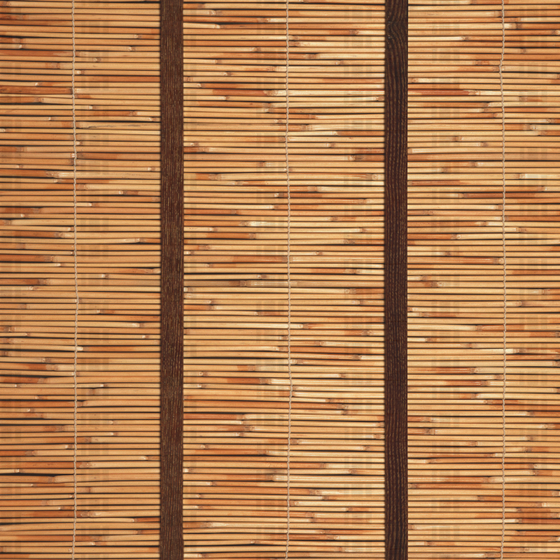 Bamboo curtain with thin horizontal slats and dark brown vertical wooden frame on white background
