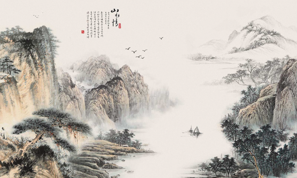 Yixuan Mural New Chinese Style Modern Ink Landscape Abstract Ink Mountain and Water Black and White Small Boat Flying Birds (2)