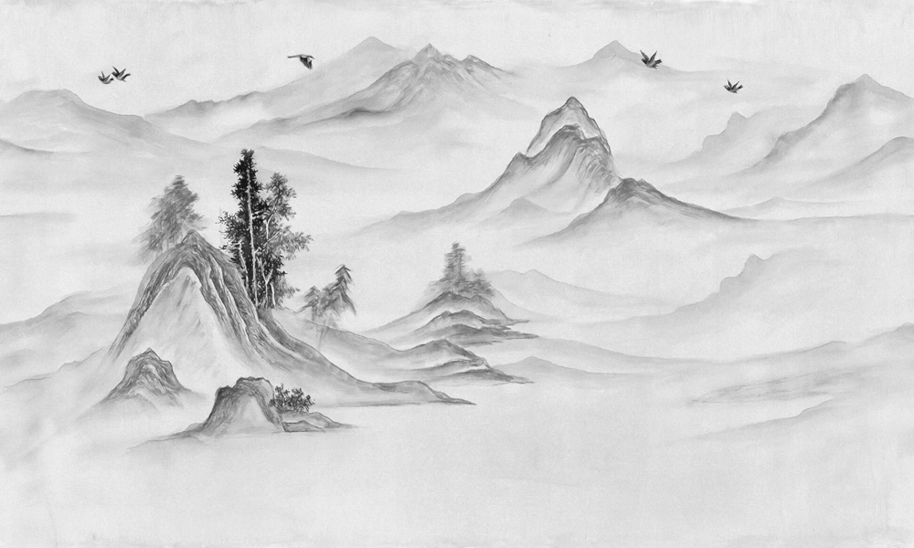 Art Xuan Mural Abstract Ink Landscape with Small Boat