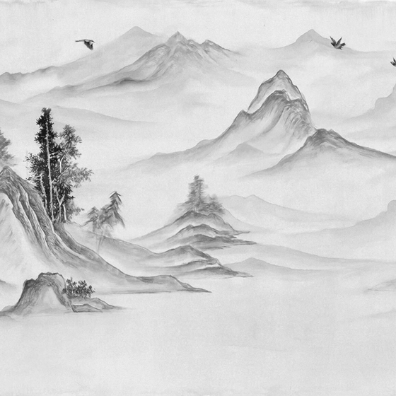 Art Xuan Mural Abstract Ink Landscape with Small Boat