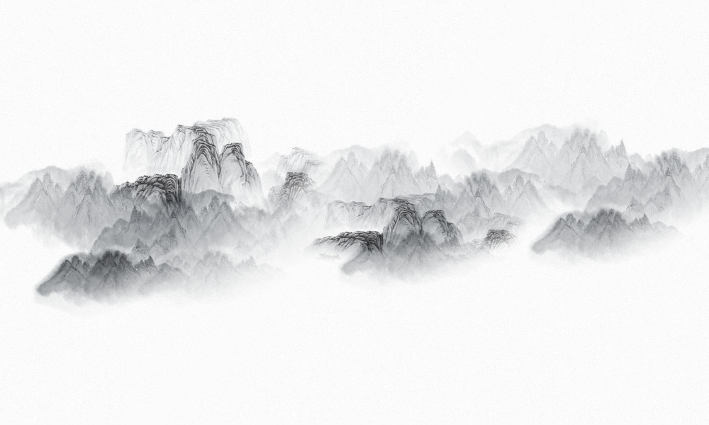 Modern ink landscape mural with black and white design