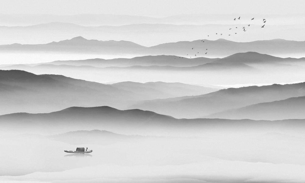 Art Xuan Mural New Chinese Modern Ink Landscape Abstract Black and White Small Boat Flying Birds