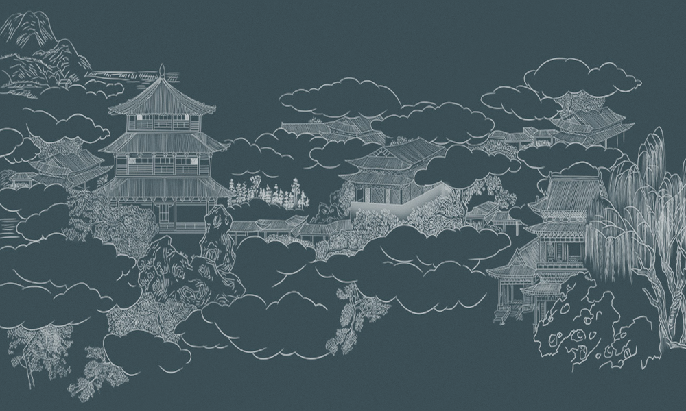 아트 선 벽화 어두운 녹색 고대 건축 연필 드로잉 새로운 중국식 배경 벽