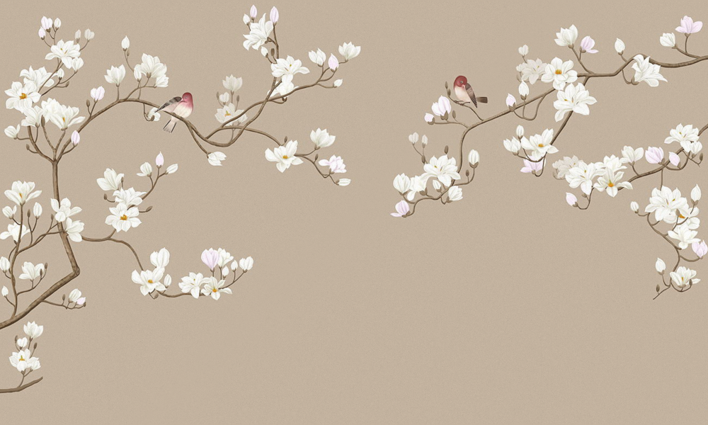 Art Xuan Mural Warm Color New Chinese Style Headboard Background Magnolia Flower Bird Background Wall