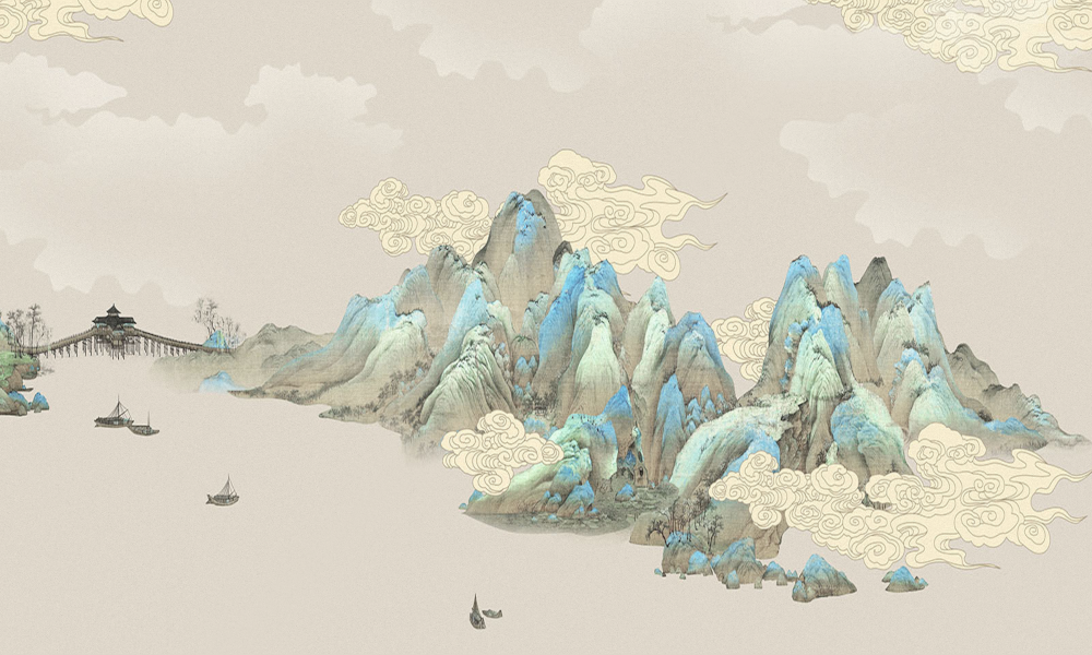 Art Xuan Mural Green Landscape Thousand Miles River and Mountain Auspicious Cloud Pattern Famous Painting New Chinese Style Landscape Wide Wall Fabric Mural