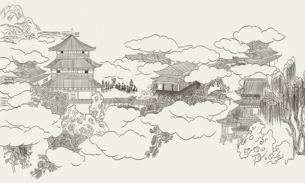 Art Xuan Mural Black and White Ancient Architecture Pen Drawing New Chinese Style Background Wall