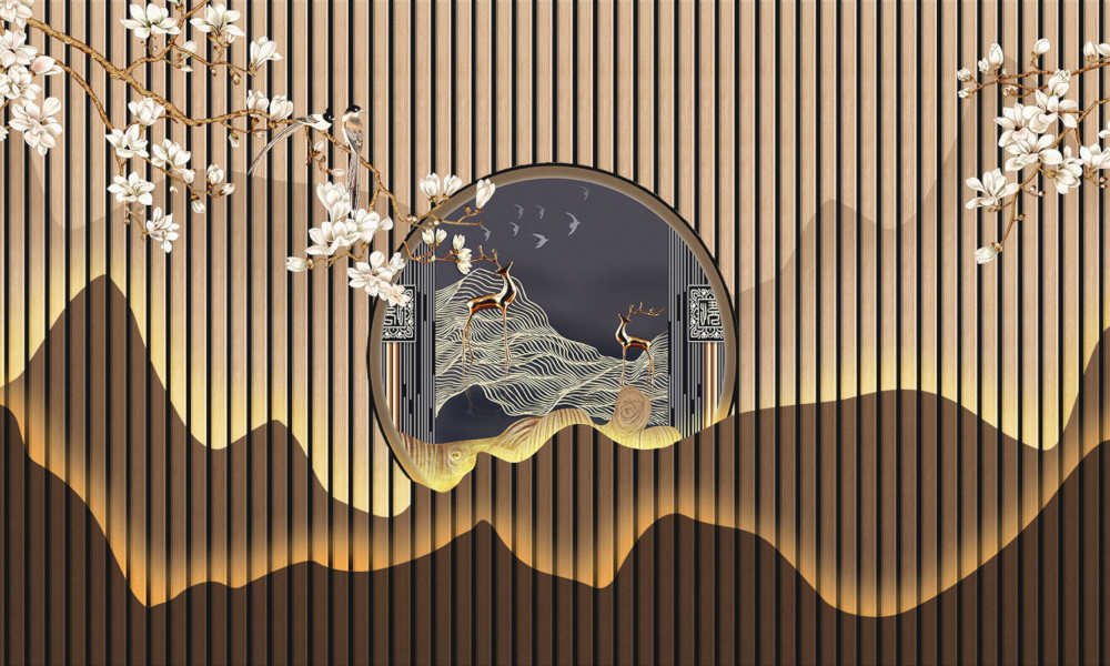 Art Xuan Mural - Ecological Wood Moose Chinese Fortune and Prosperity Flower and Bird 204