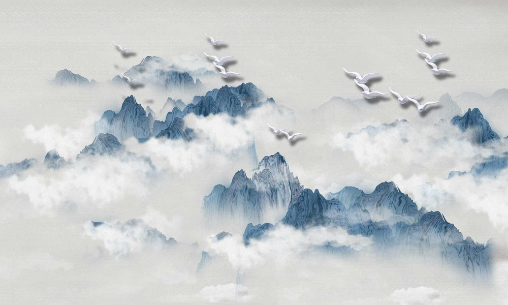 Art Xuan Mural - New Chinese Modern Ink Landscape Abstract with Boat and Flying Birds (12)