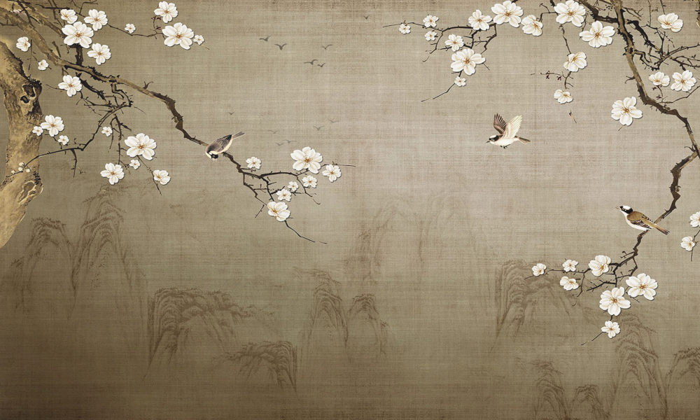 Plum Blossom Pattern Flower and Bird Background Wall of Yixuan Mural Chinese Wall Fabric