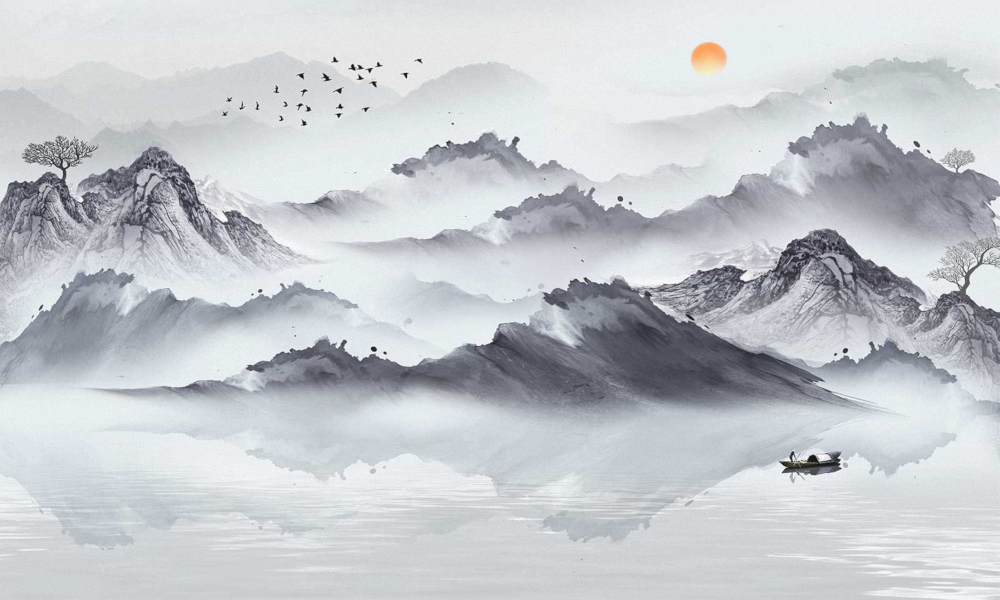 Art Xuan Mural New Chinese Modern Ink Landscape Abstract Black and White Small Boat Flying Birds (13)