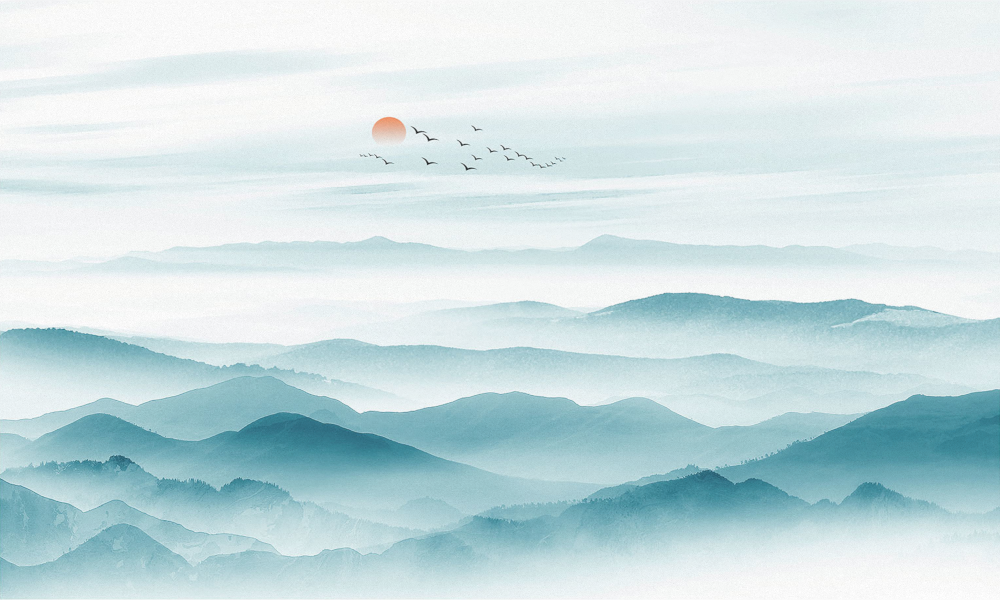 Art Xuan Mural - New Chinese Modern Ink Landscape Abstract - Black and White Small Boat with Flying Birds (7)