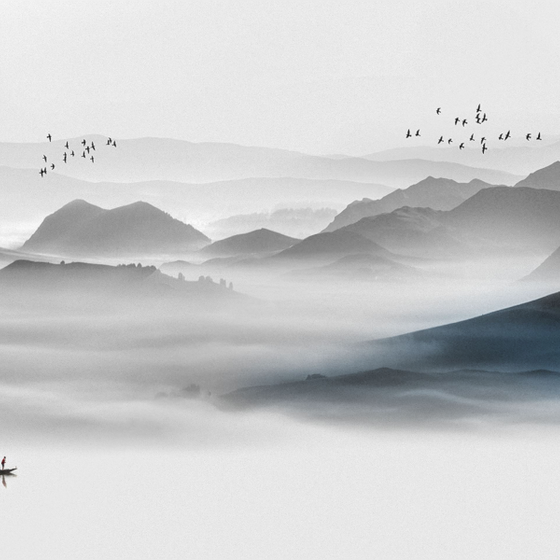 Art Xuan Mural New Chinese Modern Ink Landscape Abstract Ink Landscape Black and White Small Boat Flying Birds