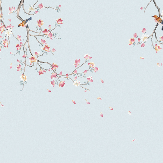 Beetle Mural Chinese Flower and Bird Wallpaper Fabric in Orange