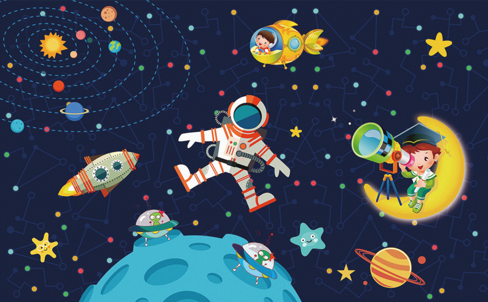 Deep Blue Children's Room Wall Fabric 3D Model with Astronaut Theme
