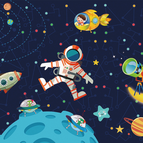 Deep Blue Children's Room Wall Fabric 3D Model with Astronaut Theme