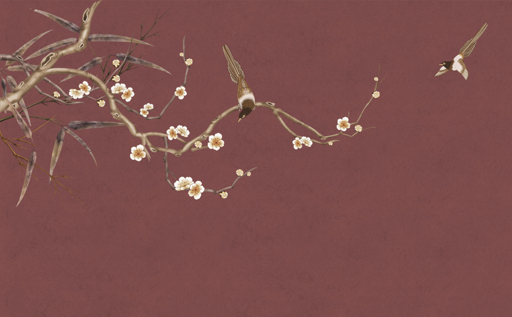 Artistic Mural Chinese Red Art Flower and Bird Magpie Background Wall Fabric - Pattern C