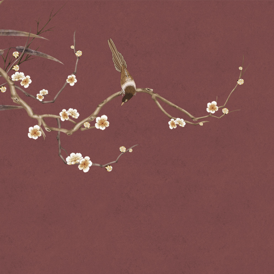 Artistic Mural Chinese Red Art Flower and Bird Magpie Background Wall Fabric - Pattern C