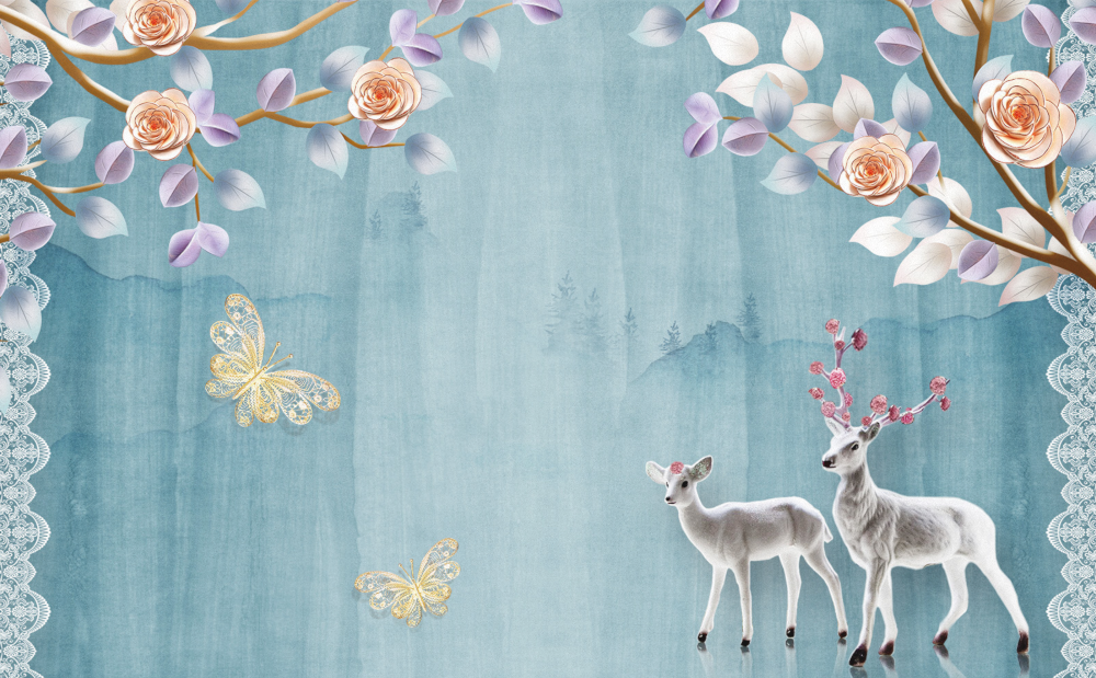 Art Xuan Mural Blue Elk Butterfly Bedroom Wall Fabric