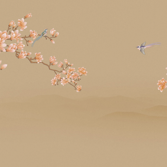 Magnolia Flower Bird Wallpaper Fabric 3D Model in Beige