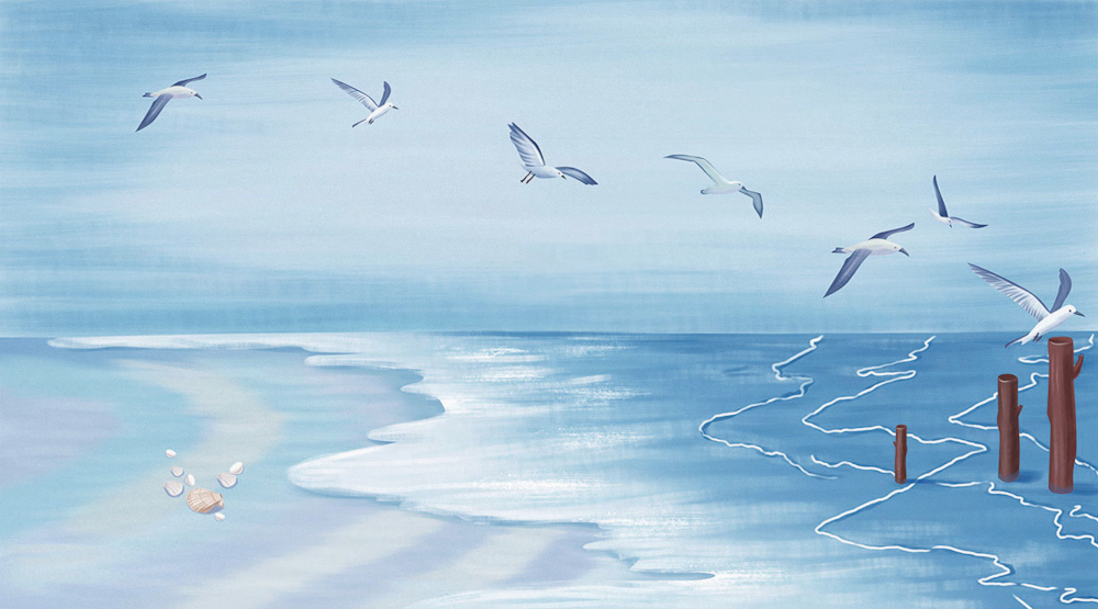 Art Xuan Mural LT-66 Hand-Painted Blue Sea Seagull Flock Seaside Background Wall Fabric