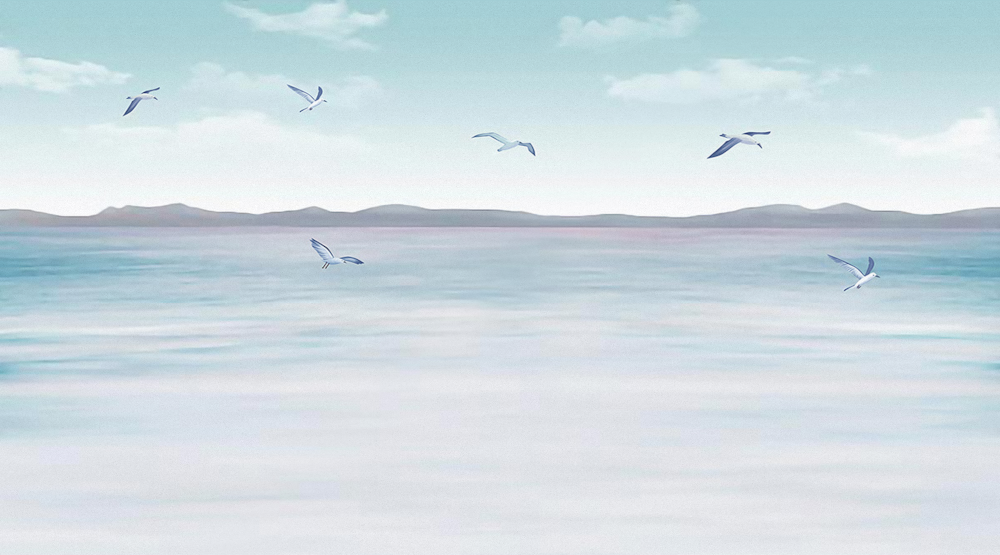 Custom Mural of Nordic Light Blue Sea Waves, Ocean Waves, Wild Geese, and Seagull Patterns