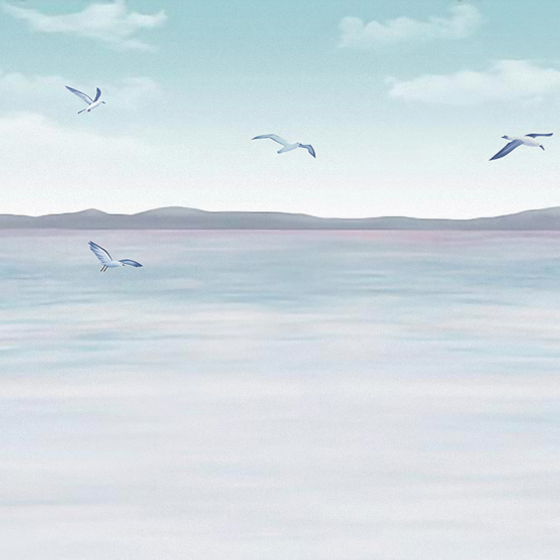 Custom Mural of Nordic Light Blue Sea Waves, Ocean Waves, Wild Geese, and Seagull Patterns