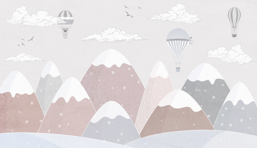 Light Gray Pink Children's Room Background Wall Hand-painted Hot Air Balloon Small Mountain Wallpaper Custom Wall Fabric Mural