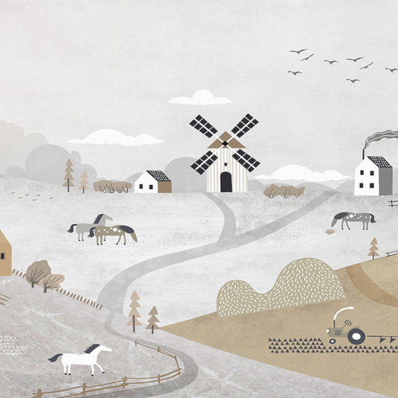 Custom Nordic Children's Room Wallpaper 3D Model with Rural Horse Background in Beige