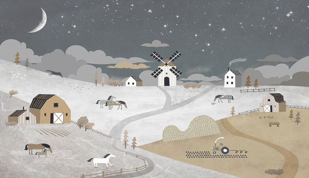 Customized Gray Tone Wallpaper for a Horse-themed Farm Background Wall Mural in a Nordic Children's Room