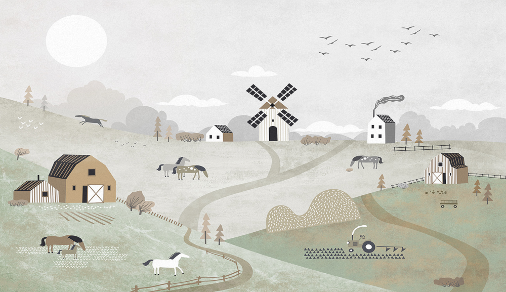 Customized Nordic Children's Room Mural with Green Tone Wallpaper for a Horse Farm Background Wall
