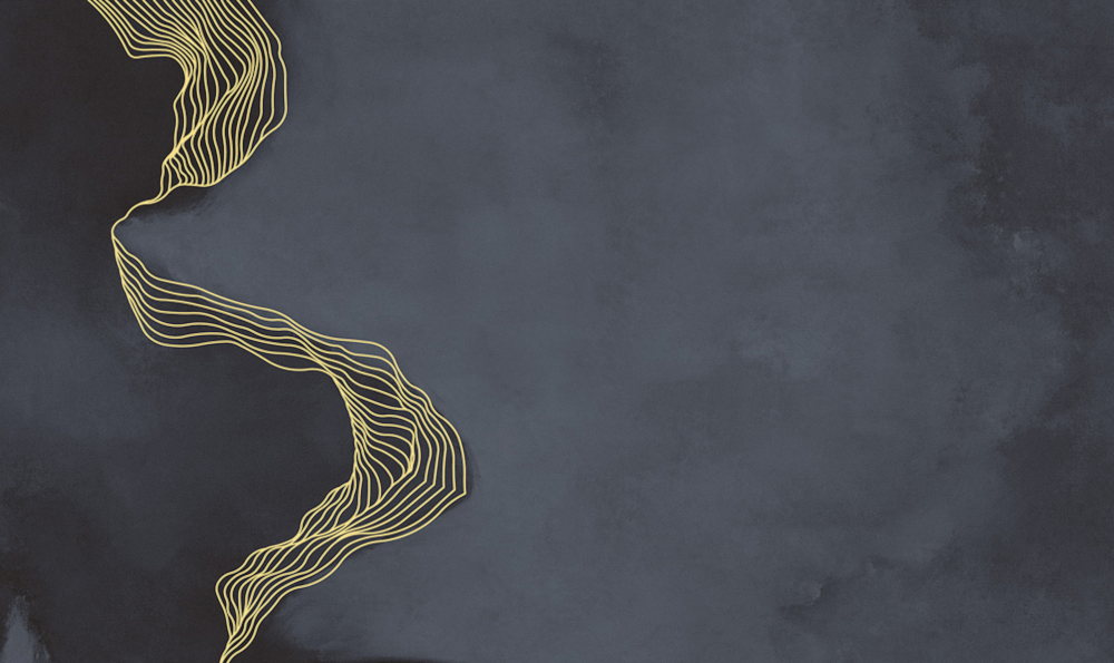Abstract gold wavy line art on dark grey textured background