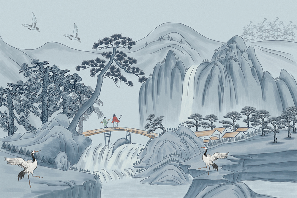 Jia blue wall cloth wall cloth background wall original mural Chinese hand-painted