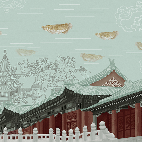 Jia Blue Wall Cloth Background Mural in Brown