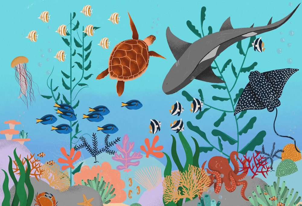 Custom Hand-Painted Cartoon Animal Wallpaper for the Underwater World