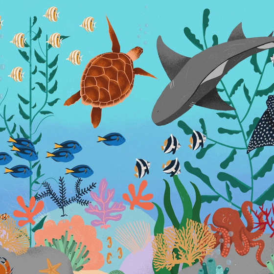 Custom Hand-Painted Cartoon Animal Wallpaper for the Underwater World in Blue