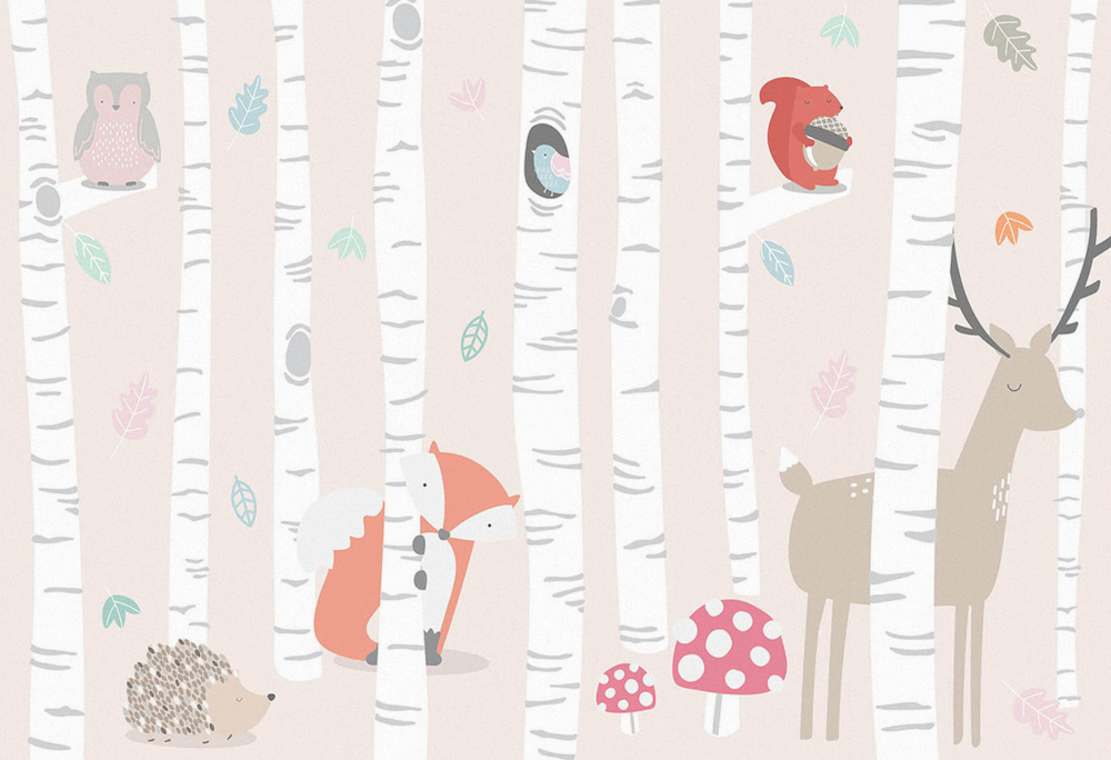 Custom Hand-Painted Cartoon Animal Wallpaper in Birch Forest