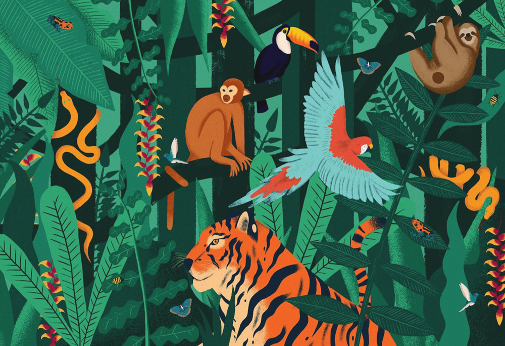 Tropical Rainforest Animal Hand-Drawn Wallpaper 3D Model