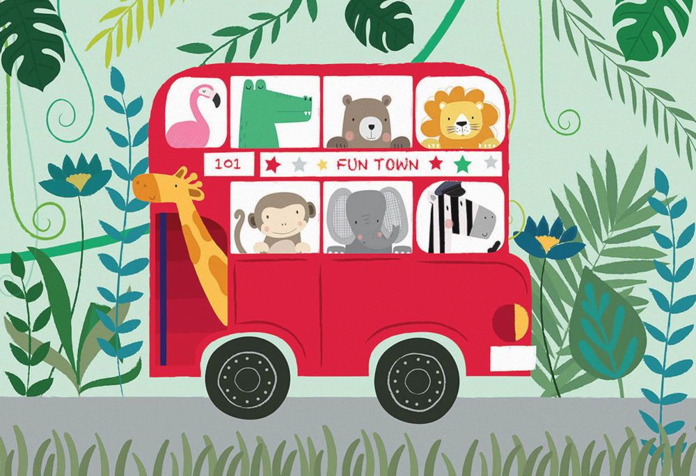 Custom Hand-Drawn Cartoon Animal Wallpaper for Bus, Watercolor Jungle Nursery Background Wall Pattern for Children's Room