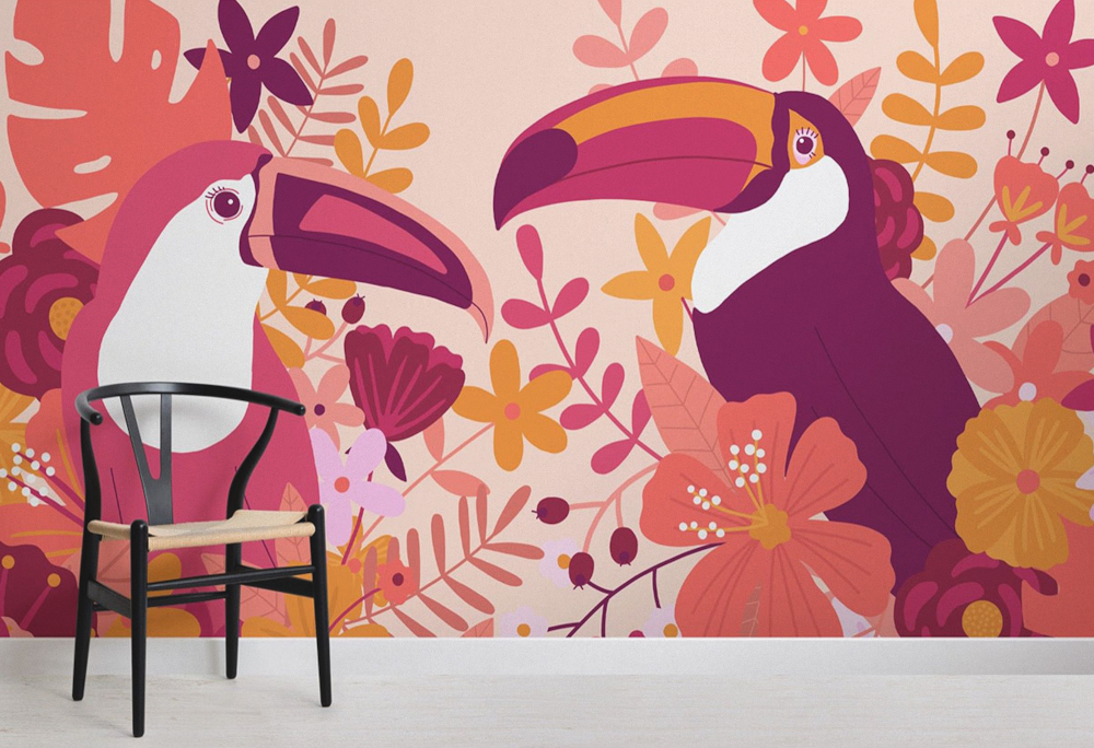Toucan Red Fire Hand-Painted Animal Wallpaper Custom Yixuan Mural Watercolor Jungle Nursery Background Wall Pattern Fabric