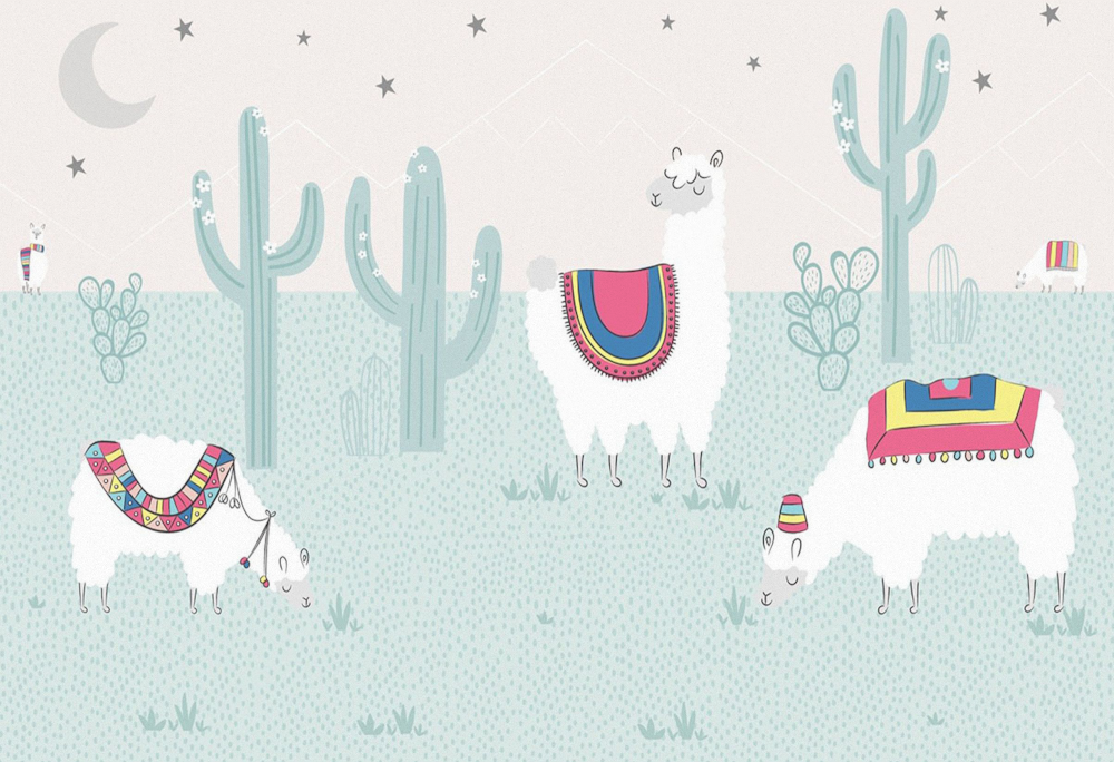 Alpaca Hand-Drawn Cartoon Animal Wallpaper Custom Yixuan Mural Watercolor Jungle Nursery Background Wall Pattern Wall Fabric