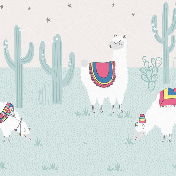 Alpaca Hand-Drawn Cartoon Animal Wallpaper Mural in Green