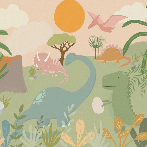 Custom Dinosaur Pattern Cartoon Wall Fabric 3D Model for Children's Room in Green