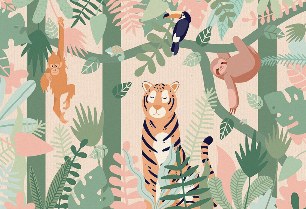 Custom Hand-Painted Cartoon Animal Wallpaper - Jungle Tigers in Watercolor Nursery Background